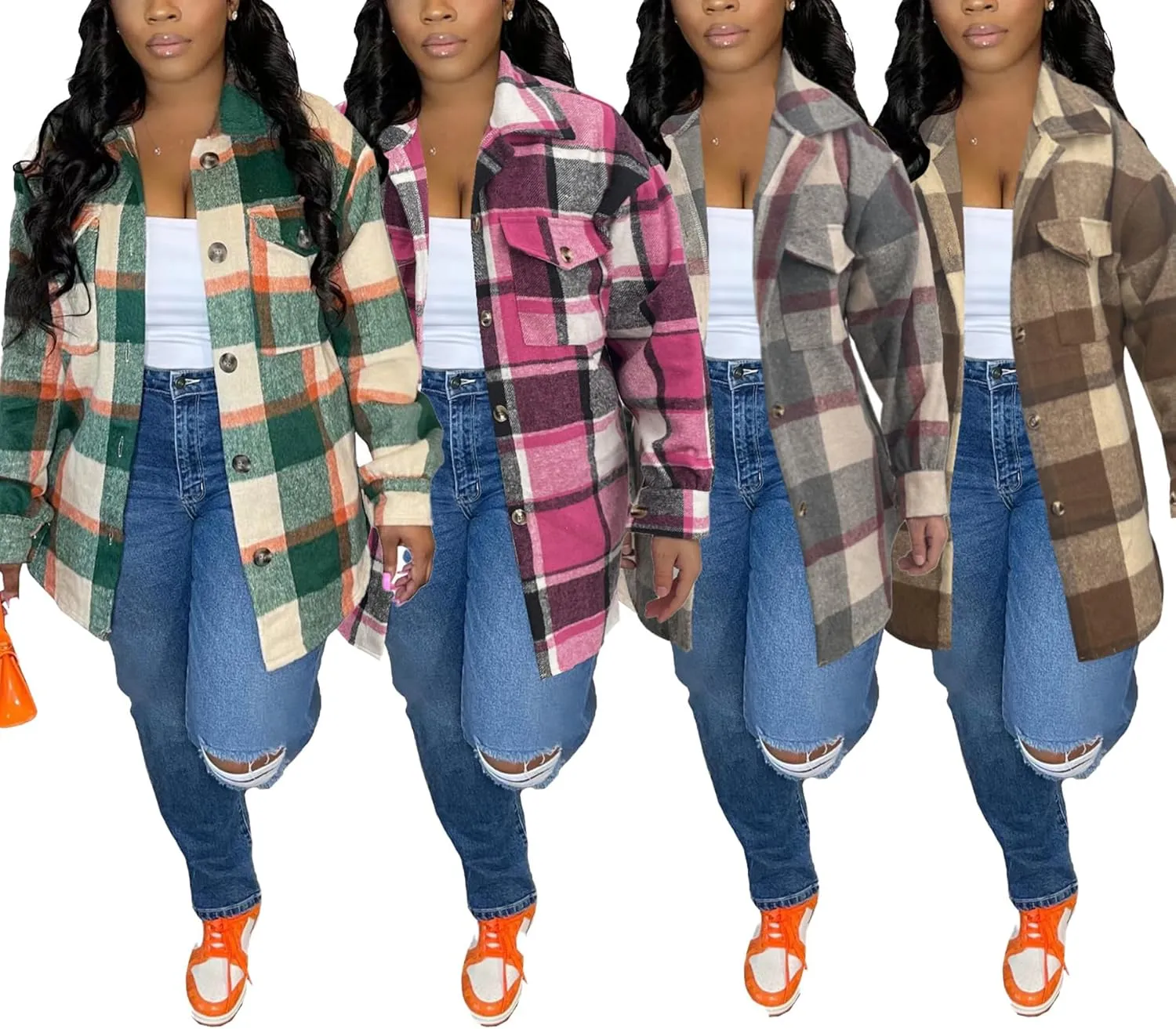 Tcremisa Womens Casual Plaid Shirt Jacket Wool Blend Button Down Long Sleeve Shacket Coats