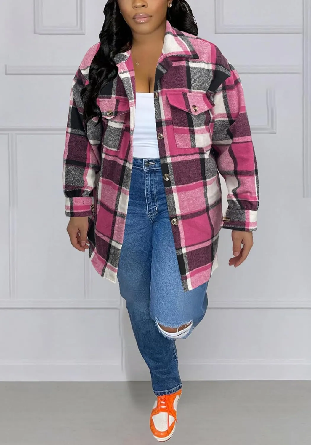 Tcremisa Womens Casual Plaid Shirt Jacket Wool Blend Button Down Long Sleeve Shacket Coats