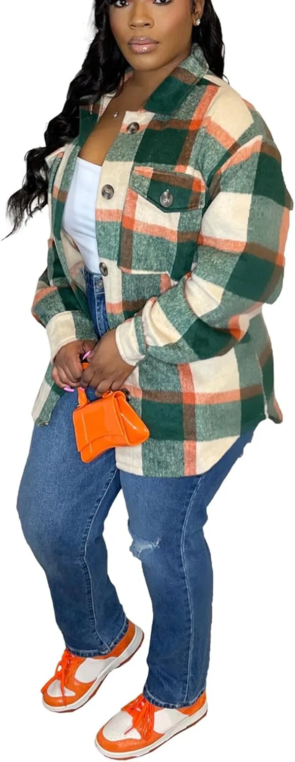 Tcremisa Womens Casual Plaid Shirt Jacket Wool Blend Button Down Long Sleeve Shacket Coats