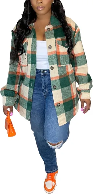Tcremisa Womens Casual Plaid Shirt Jacket Wool Blend Button Down Long Sleeve Shacket Coats