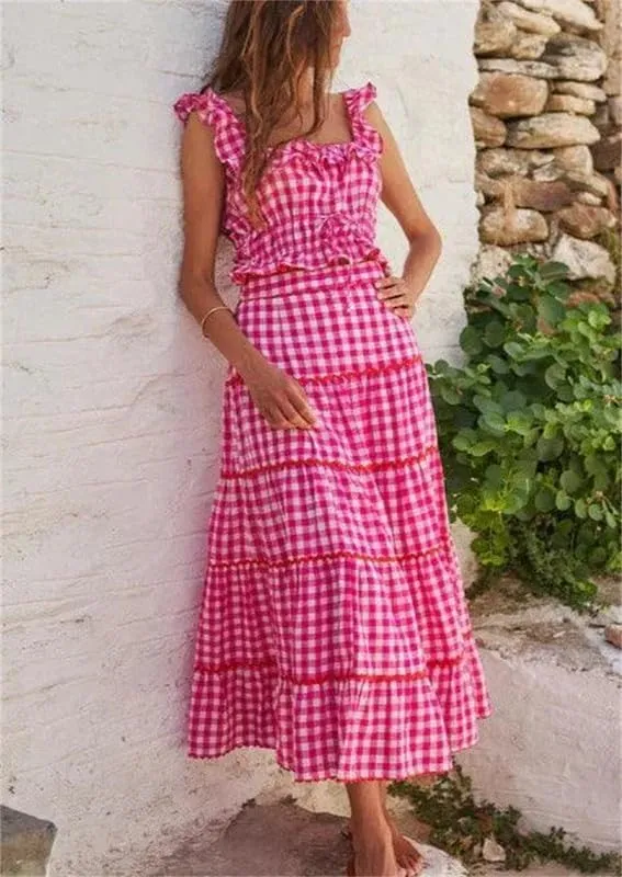 Thopavenoir Women's Y2k Stripe 2 Piece Outfits Square Neck Flutter Sleeve Tank Top   Ruffle Tiered Maxi Skirt Going Out Set