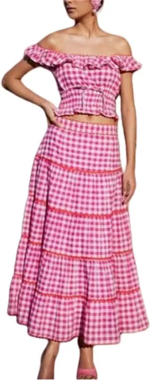 Thopavenoir Women's Y2k Stripe 2 Piece Outfits Square Neck Flutter Sleeve Tank Top   Ruffle Tiered Maxi Skirt Going Out Set