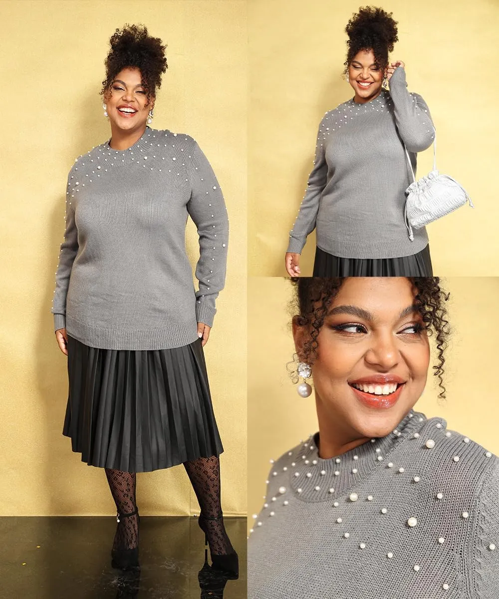 TIYOMI Plus Size Sweater Tops for Women Pearls Lantern Sleeve Sweater XL-5XL