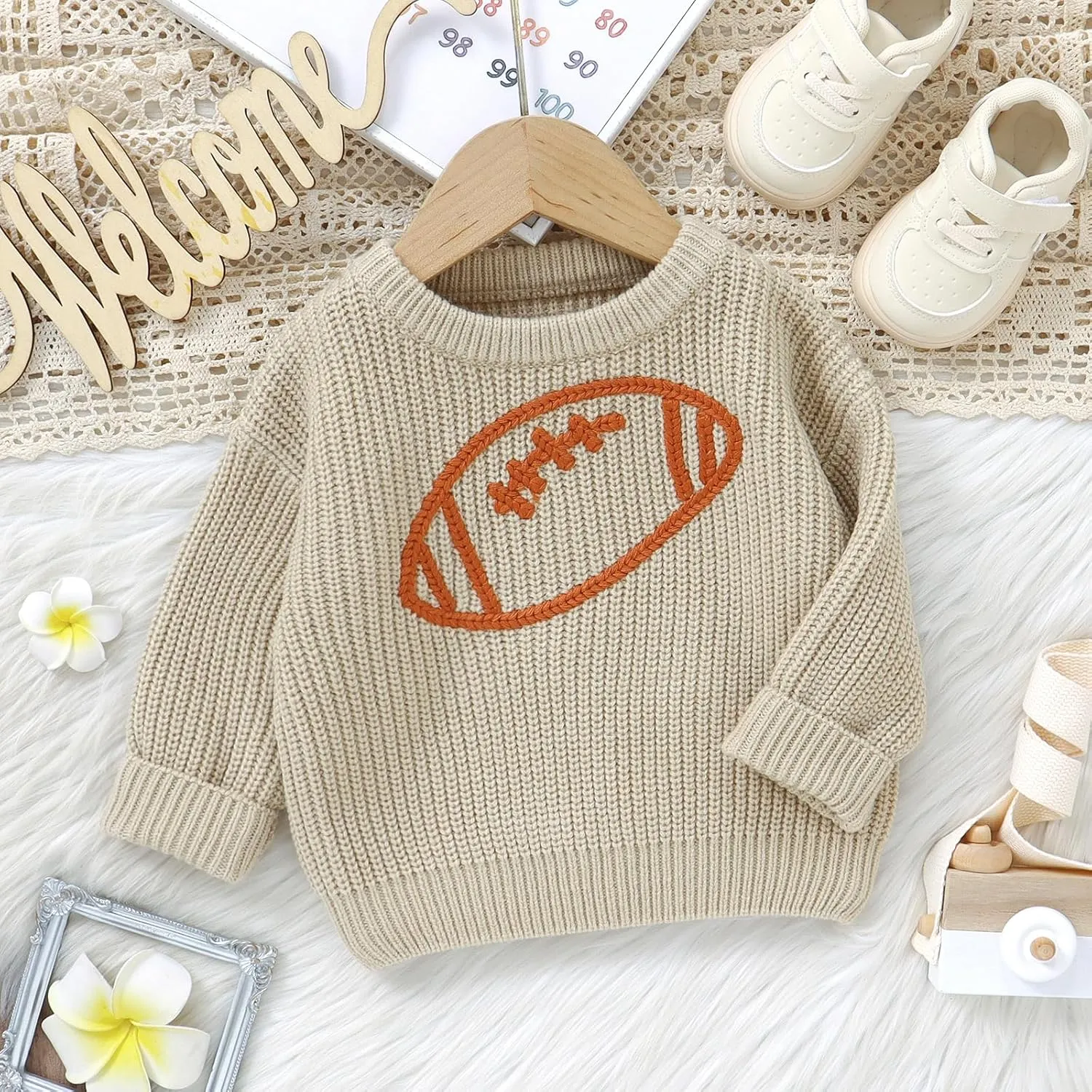 Toddler Baby Boy Girl Football Clothes Embroidery Chunky Knit Sweater Warm Pullover Sweatshirt Long Sleeve Fall Tops