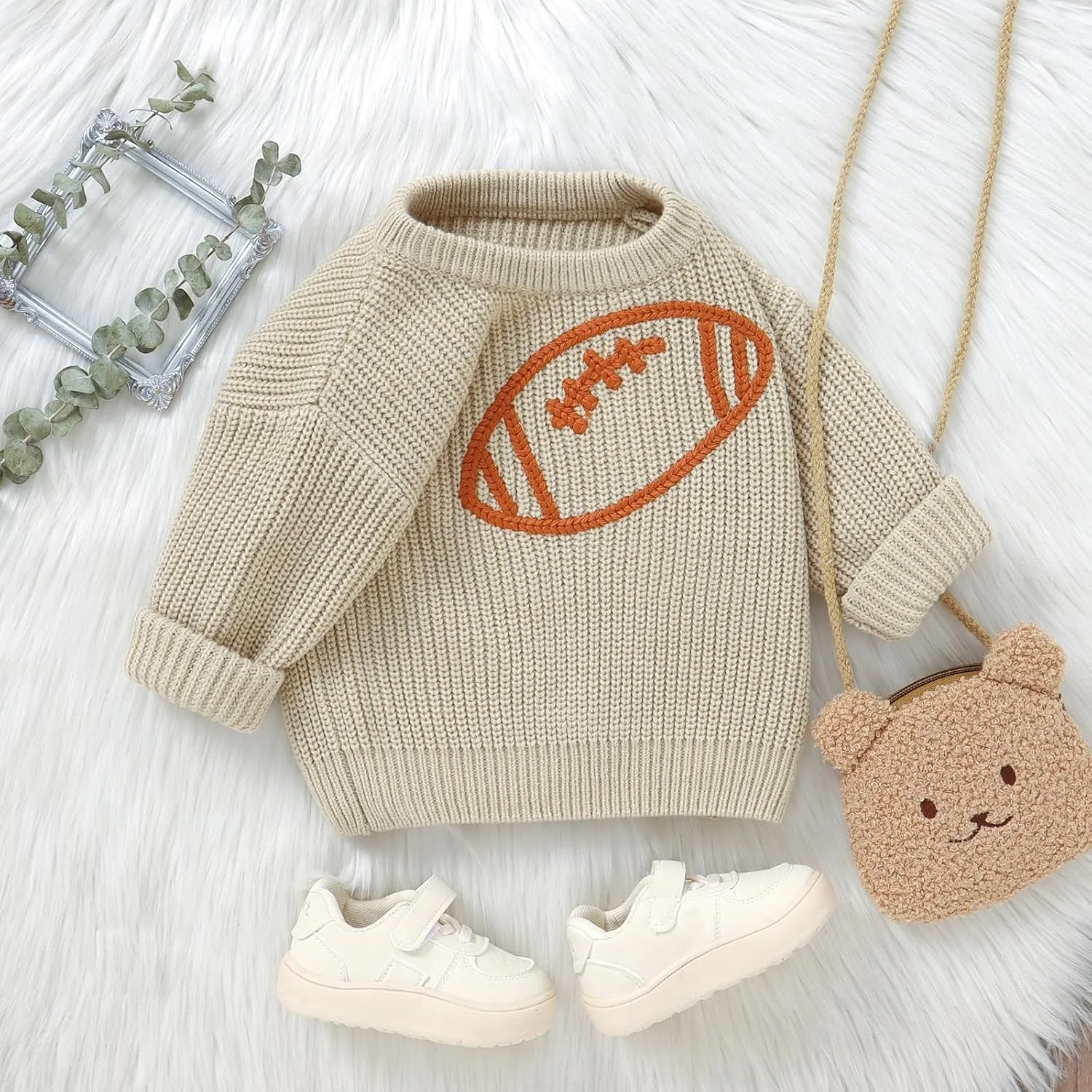 Toddler Baby Boy Girl Football Clothes Embroidery Chunky Knit Sweater Warm Pullover Sweatshirt Long Sleeve Fall Tops