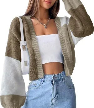 Unybwonn Women Color Block Cropped Cardigans Open Front Long Sleeve Knit Sweater Top Ribbed Loose Trendy Outerwear