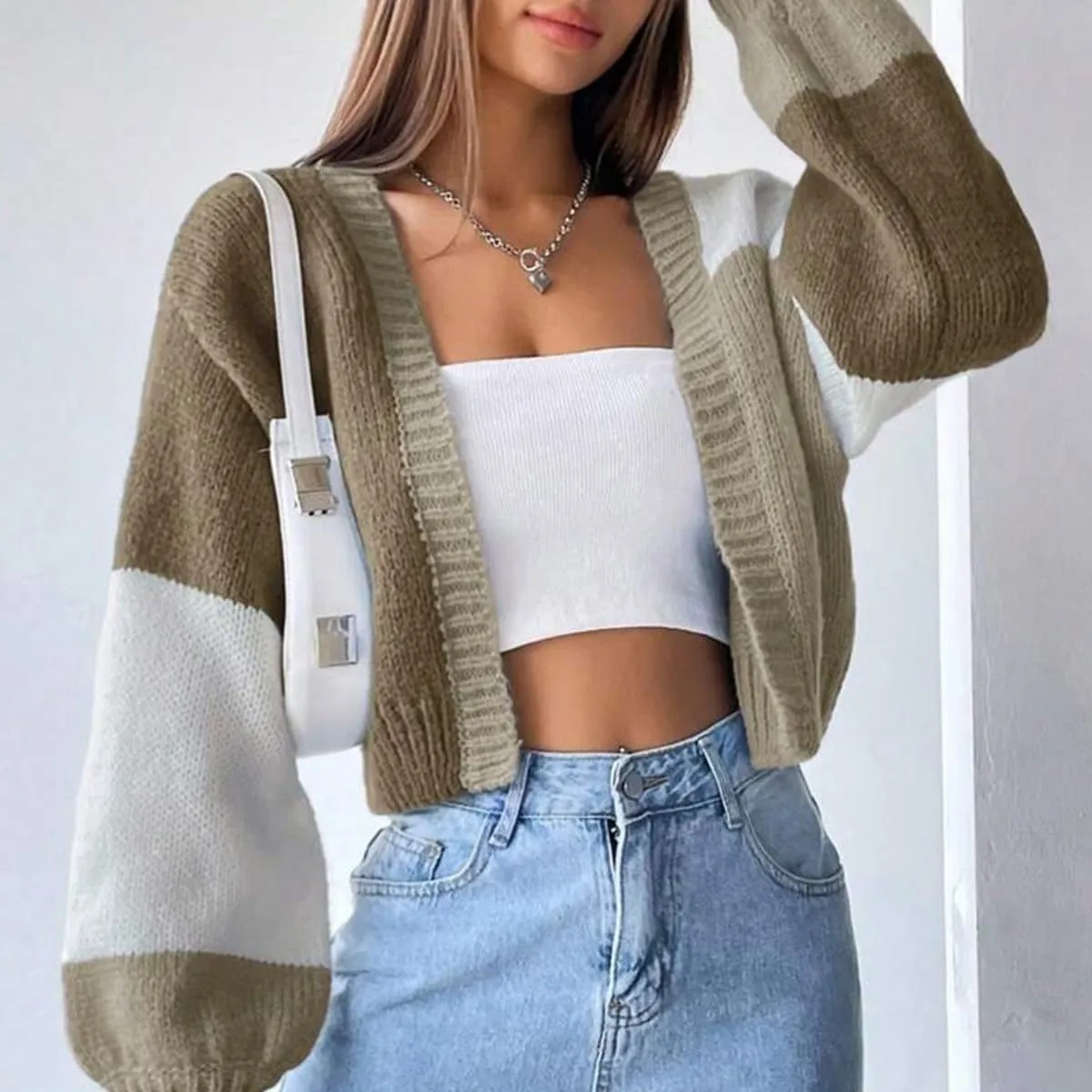 Unybwonn Women Color Block Cropped Cardigans Open Front Long Sleeve Knit Sweater Top Ribbed Loose Trendy Outerwear