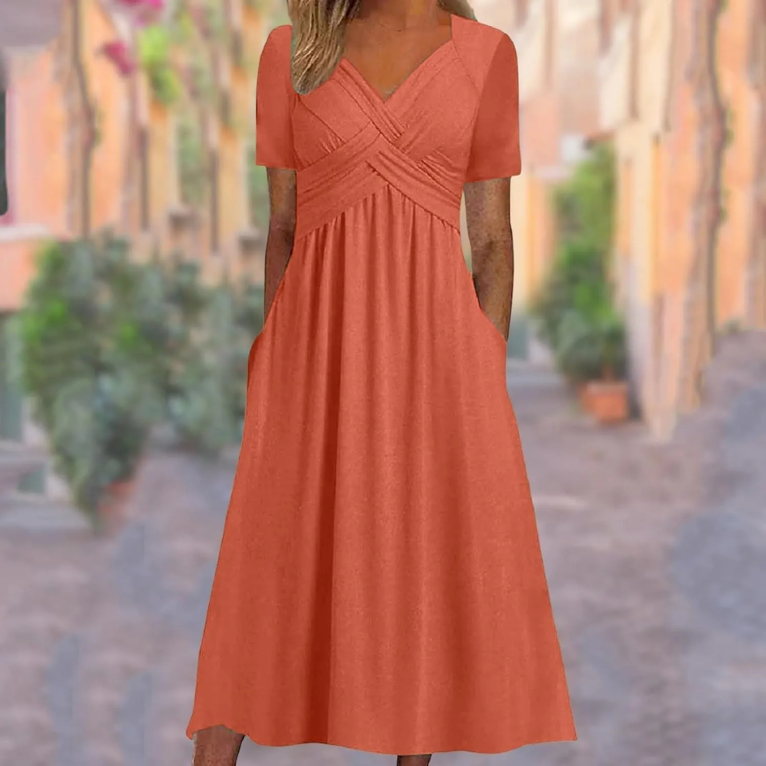 V Neck Wedding Guest Dresses for Women Short Sleeve Pleated Dress with Pockets Boho Sun Dress for Beach Vacation