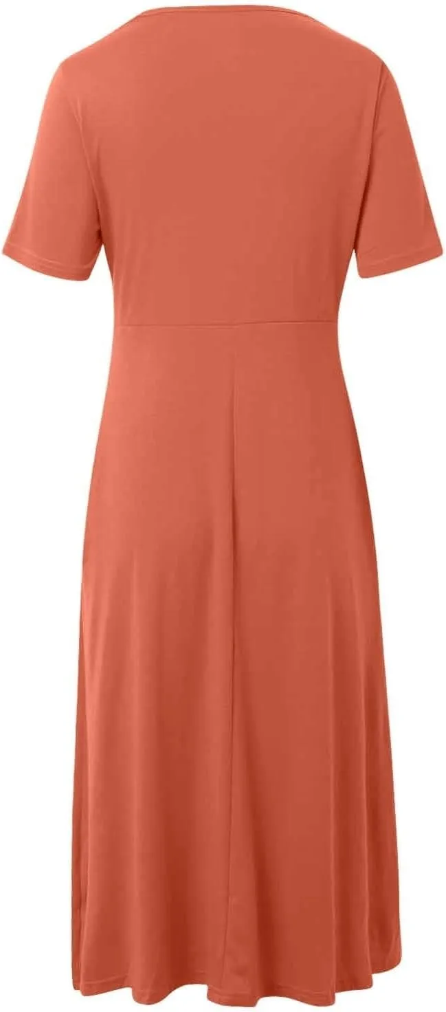 V Neck Wedding Guest Dresses for Women Short Sleeve Pleated Dress with Pockets Boho Sun Dress for Beach Vacation