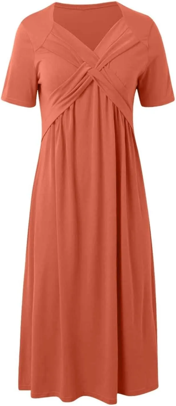 V Neck Wedding Guest Dresses for Women Short Sleeve Pleated Dress with Pockets Boho Sun Dress for Beach Vacation