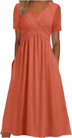 V Neck Wedding Guest Dresses for Women Short Sleeve Pleated Dress with Pockets Boho Sun Dress for Beach Vacation