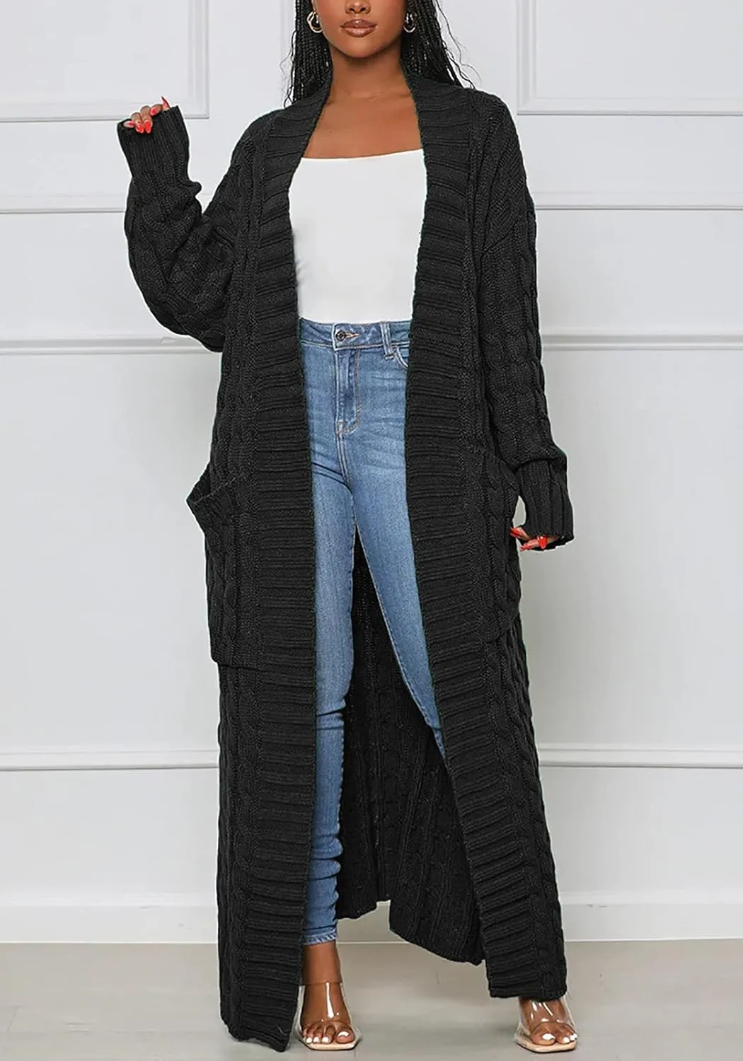 Vakkest Women's Long Sweater Cardigan Open Front Duster Jacket Casual Cable Knitted Maxi Dress Coat Braided Outwear Pockets