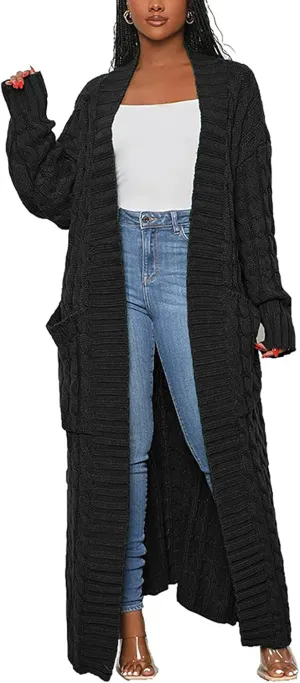 Vakkest Women's Long Sweater Cardigan Open Front Duster Jacket Casual Cable Knitted Maxi Dress Coat Braided Outwear Pockets