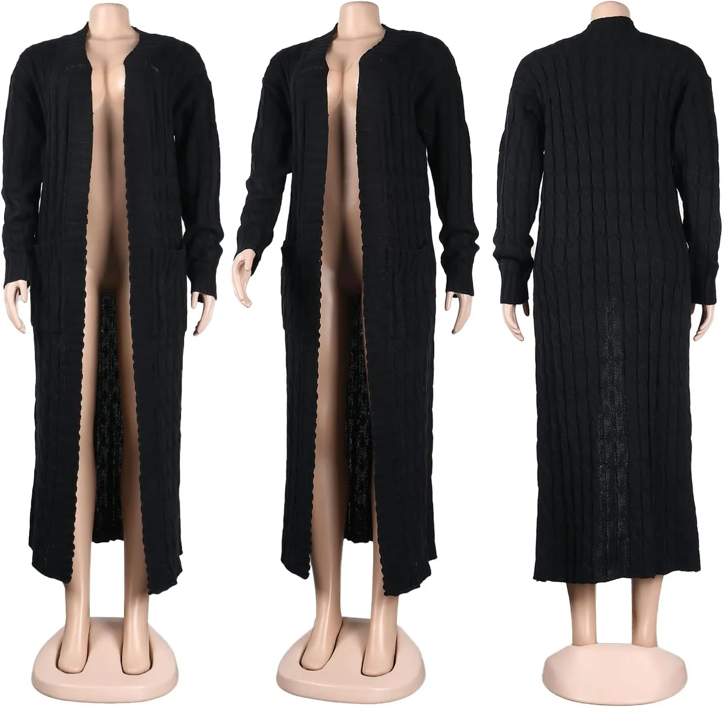 Vakkest Women's Long Sweater Cardigan Open Front Duster Jacket Casual Cable Knitted Maxi Dress Coat Braided Outwear Pockets