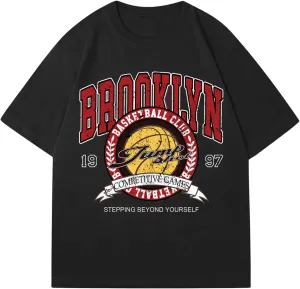 Verdusa Men's Basketball Vintage Letter Graphic Oversized T Shirt Round Neck Drop Shoulder Tee Tops