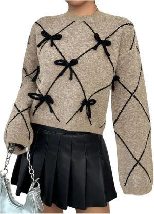 Verdusa Women's Bow Sweaters Long Sleeve Mock Neck Pullover Vintage Y2k Cropped Knit Tops