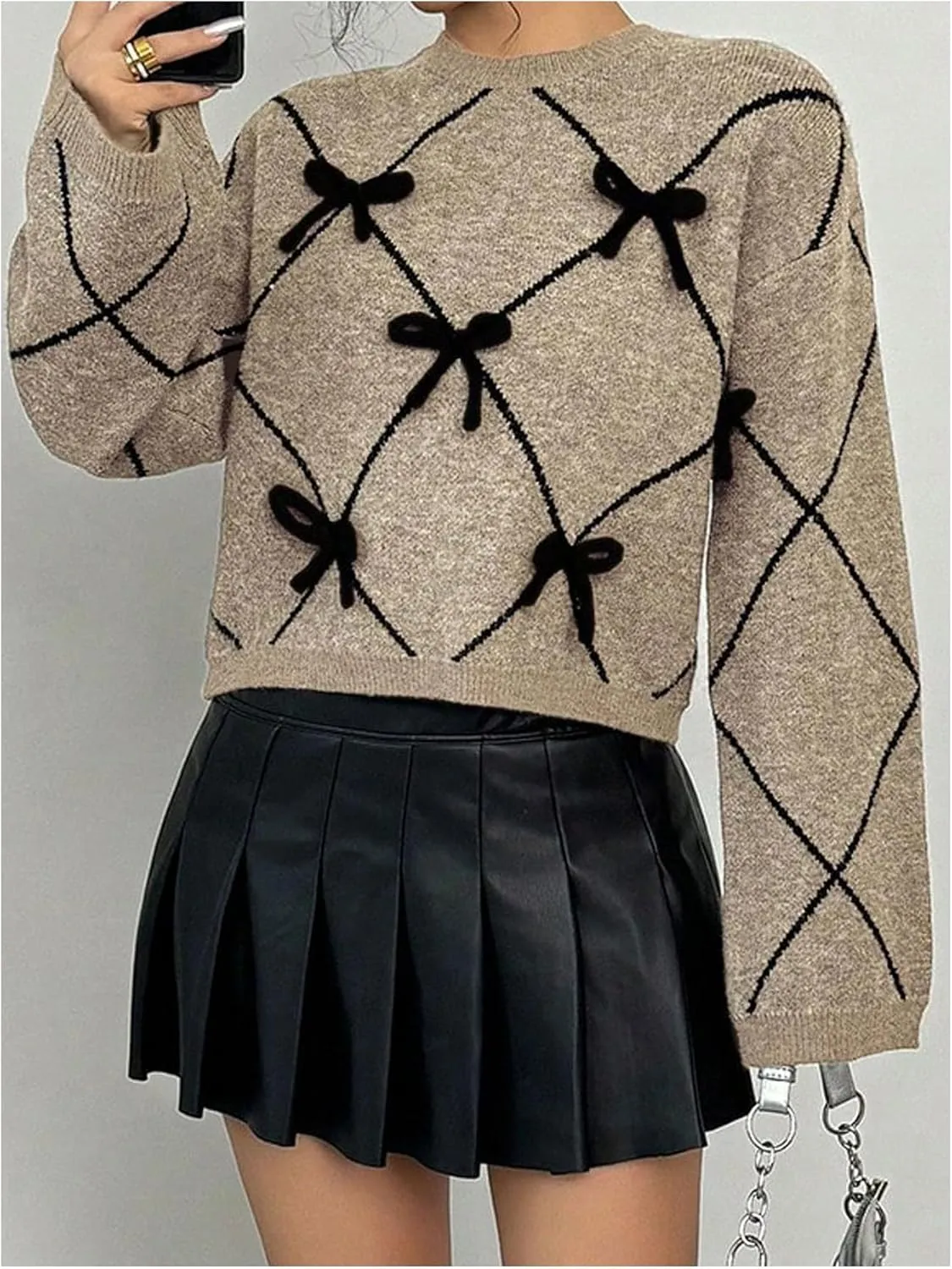 Verdusa Women's Bow Sweaters Long Sleeve Mock Neck Pullover Vintage Y2k Cropped Knit Tops