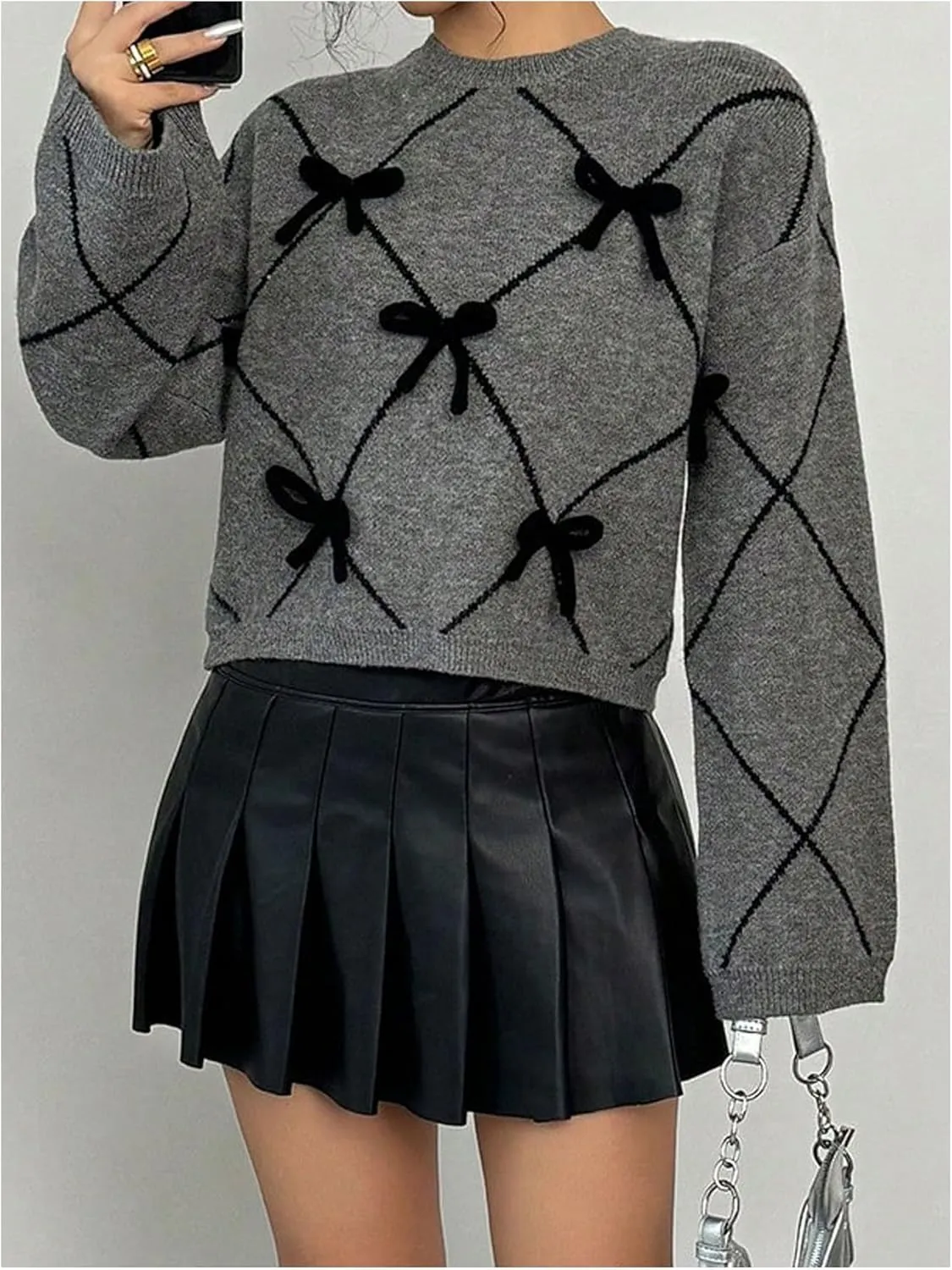 Verdusa Women's Bow Sweaters Long Sleeve Mock Neck Pullover Vintage Y2k Cropped Knit Tops