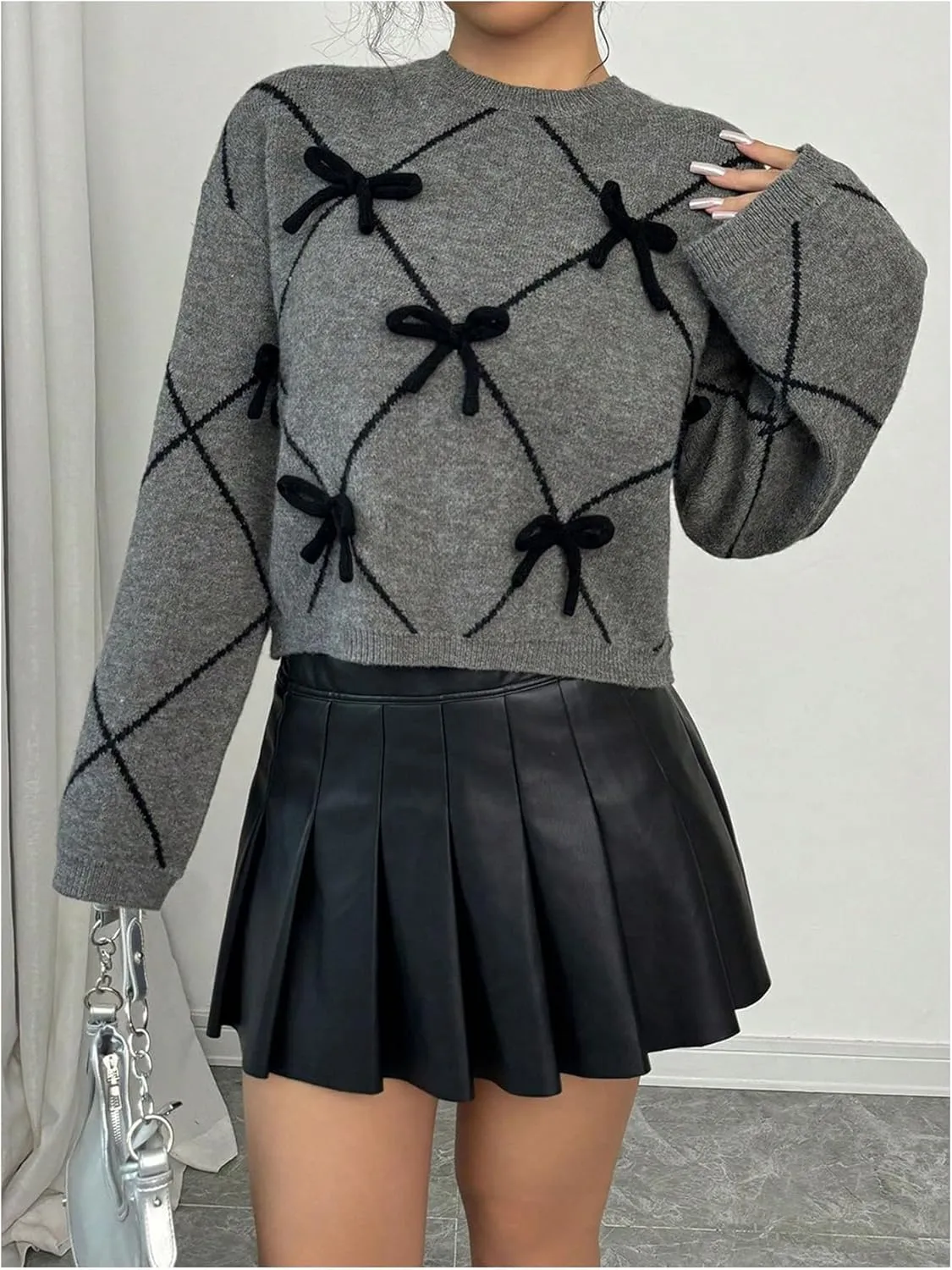 Verdusa Women's Bow Sweaters Long Sleeve Mock Neck Pullover Vintage Y2k Cropped Knit Tops