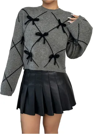 Verdusa Women's Bow Sweaters Long Sleeve Mock Neck Pullover Vintage Y2k Cropped Knit Tops