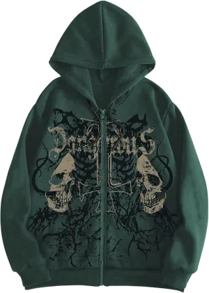 WDIRARA Men's Goth Skull Letter Graphic Drawstring Hoodie Long Sleeve Zip Up Sweatshirt