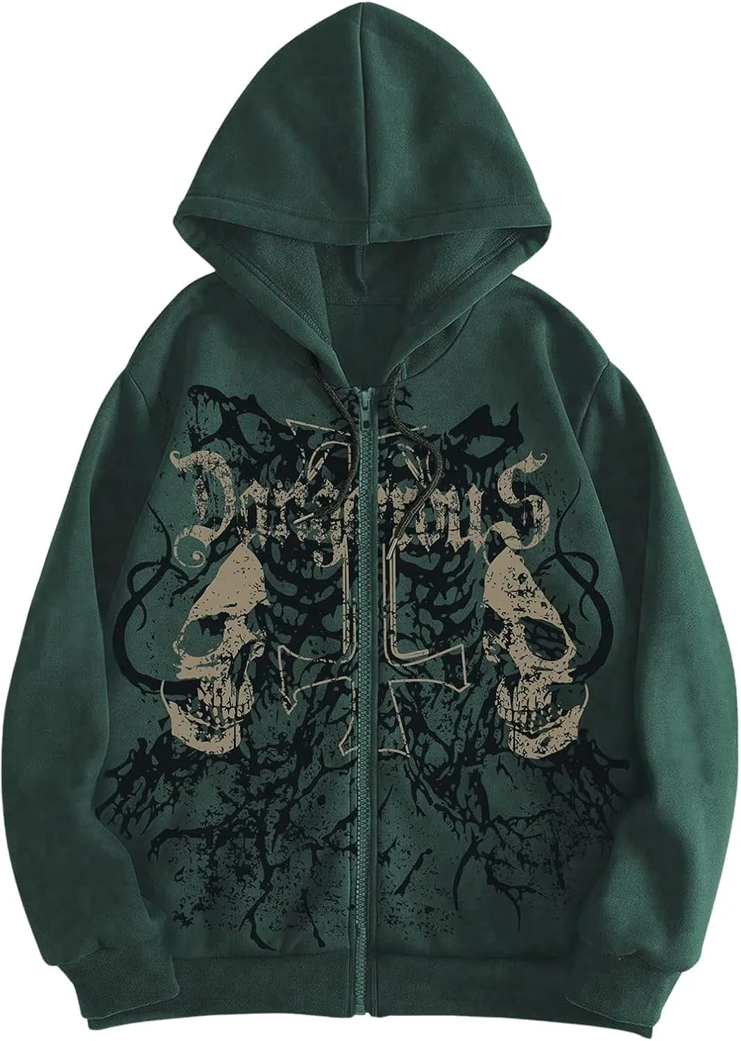 WDIRARA Men's Goth Skull Letter Graphic Drawstring Hoodie Long Sleeve Zip Up Sweatshirt