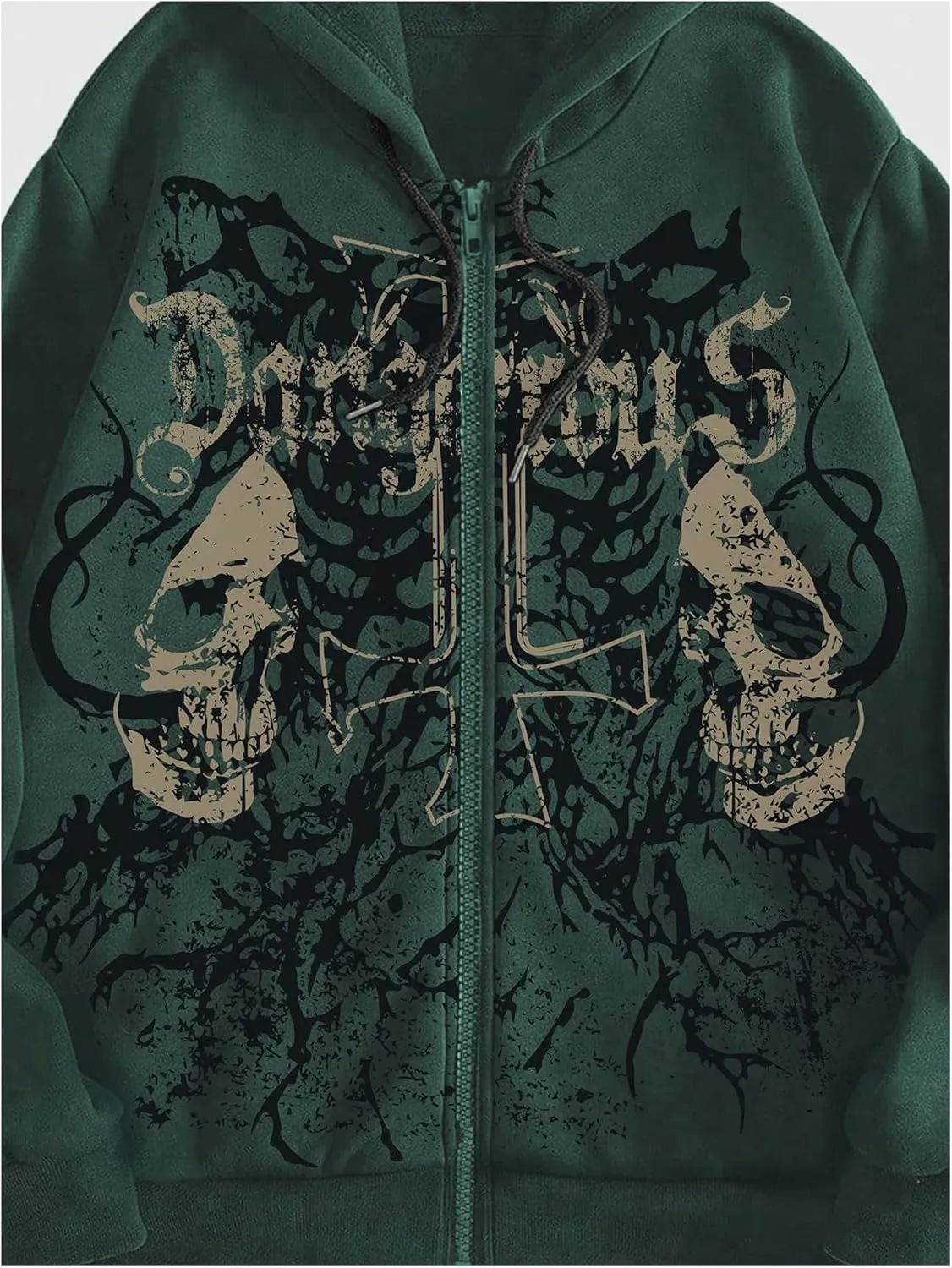 WDIRARA Men's Goth Skull Letter Graphic Drawstring Hoodie Long Sleeve Zip Up Sweatshirt