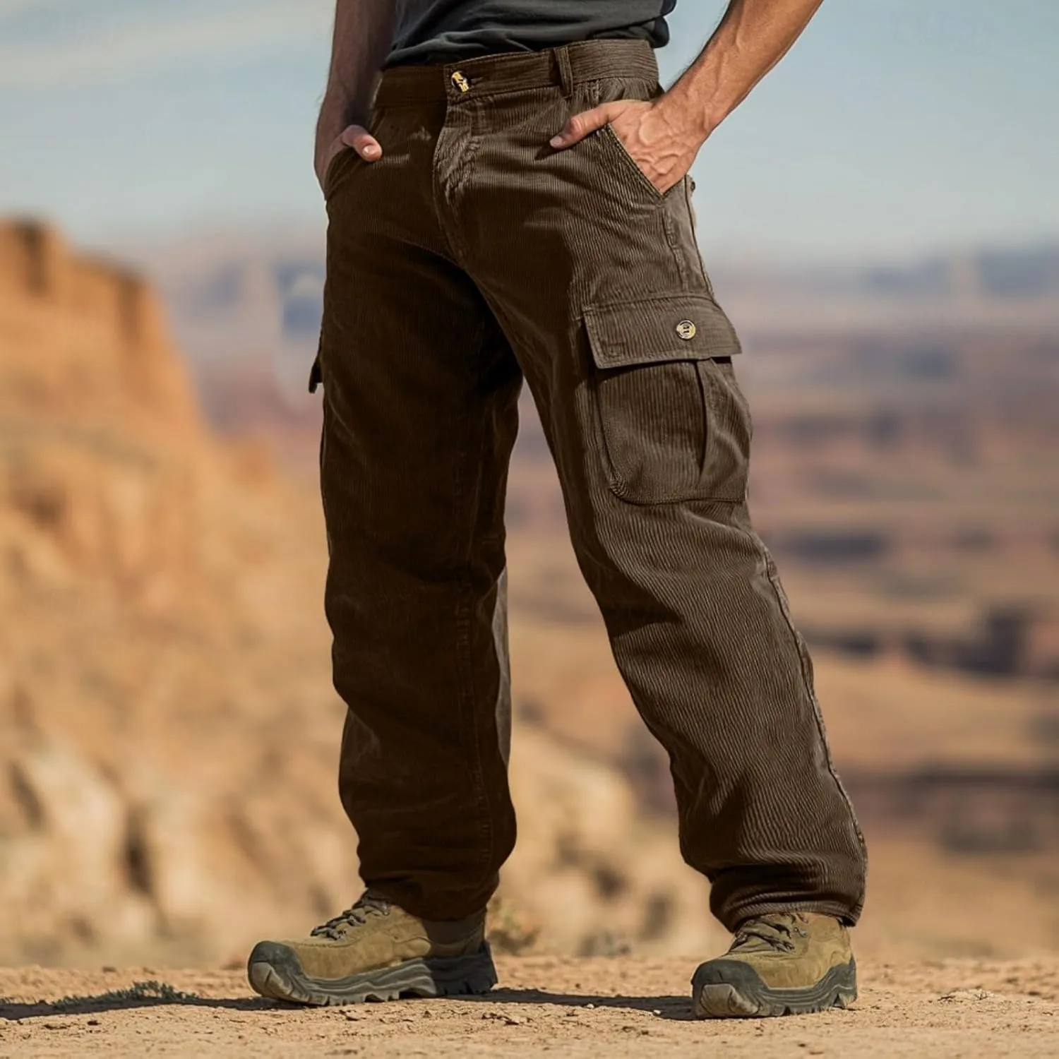 WENKOMG1 Mens Corduroy Cargo Pants Multi Pockets Straight Leg Outdoor Work Pants Retro Style Workwear