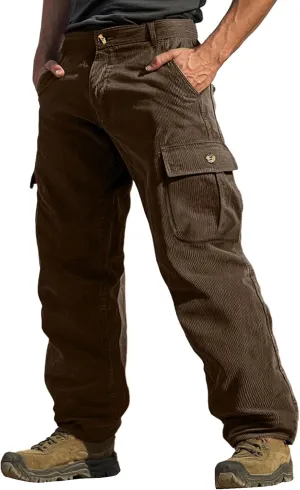 WENKOMG1 Mens Corduroy Cargo Pants Multi Pockets Straight Leg Outdoor Work Pants Retro Style Workwear