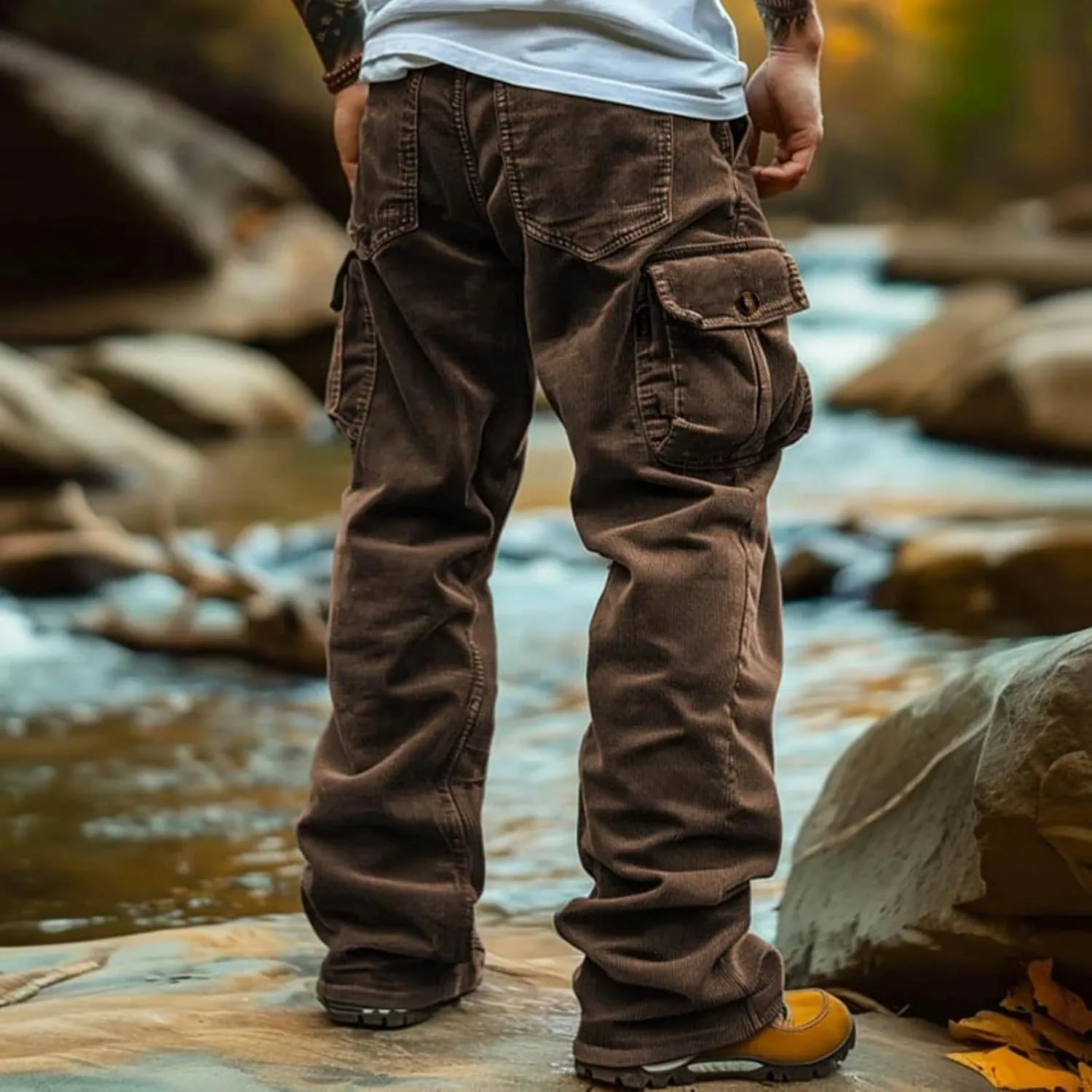 WENKOMG1 Mens Corduroy Cargo Pants Multi Pockets Straight Leg Outdoor Work Pants Retro Style Workwear