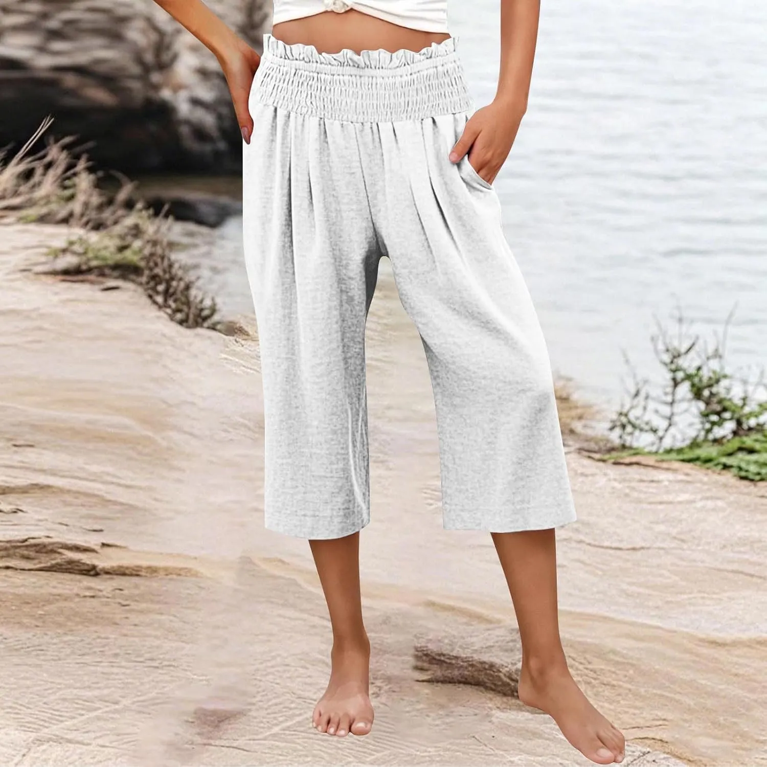 Wide Leg Palazzo Pants for Women 2025 High Waisted Linen Capri Pant Casual Summer Travel Cropped Trousers with Pocket