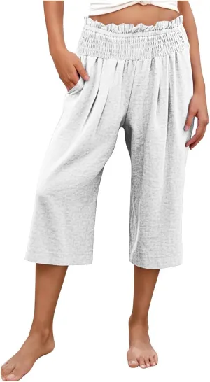 Wide Leg Palazzo Pants for Women 2025 High Waisted Linen Capri Pant Casual Summer Travel Cropped Trousers with Pocket