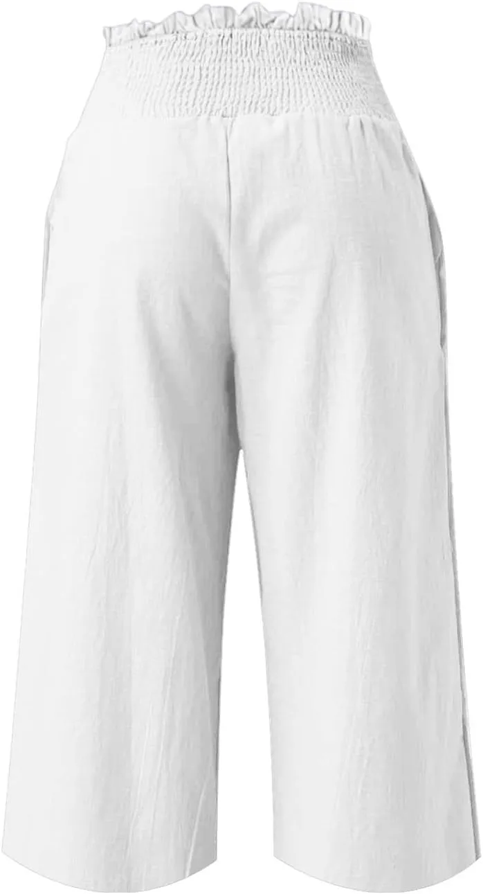 Wide Leg Palazzo Pants for Women 2025 High Waisted Linen Capri Pant Casual Summer Travel Cropped Trousers with Pocket