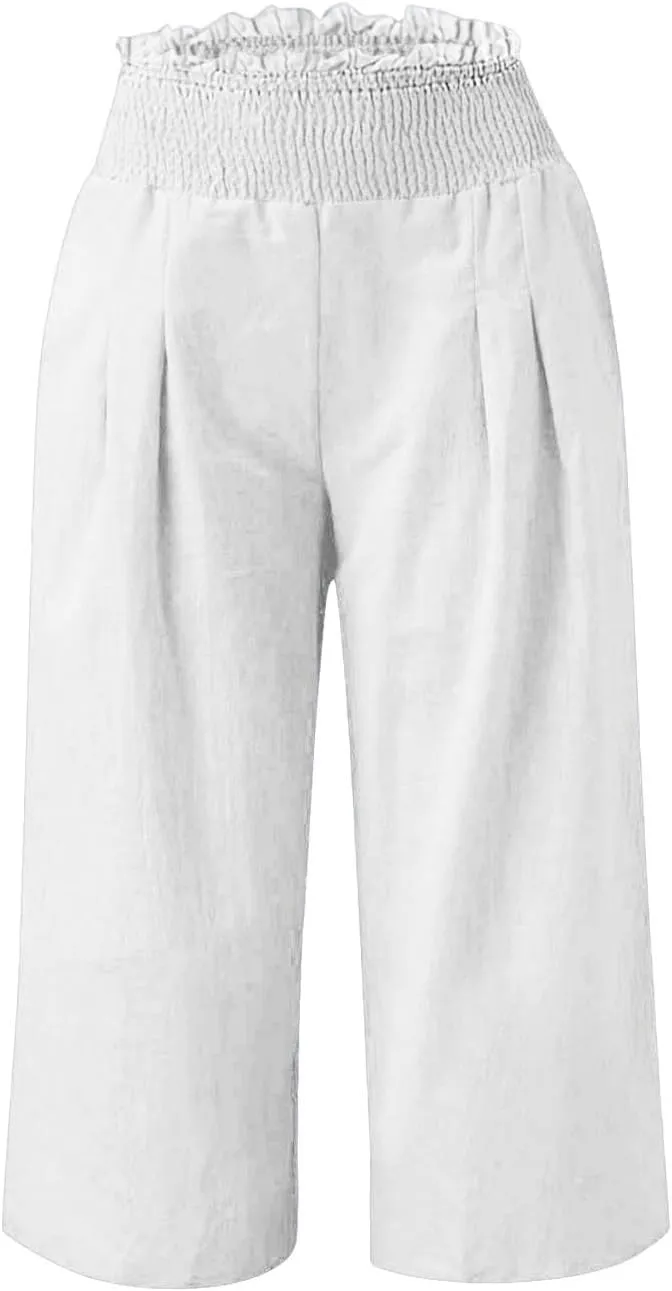 Wide Leg Palazzo Pants for Women 2025 High Waisted Linen Capri Pant Casual Summer Travel Cropped Trousers with Pocket
