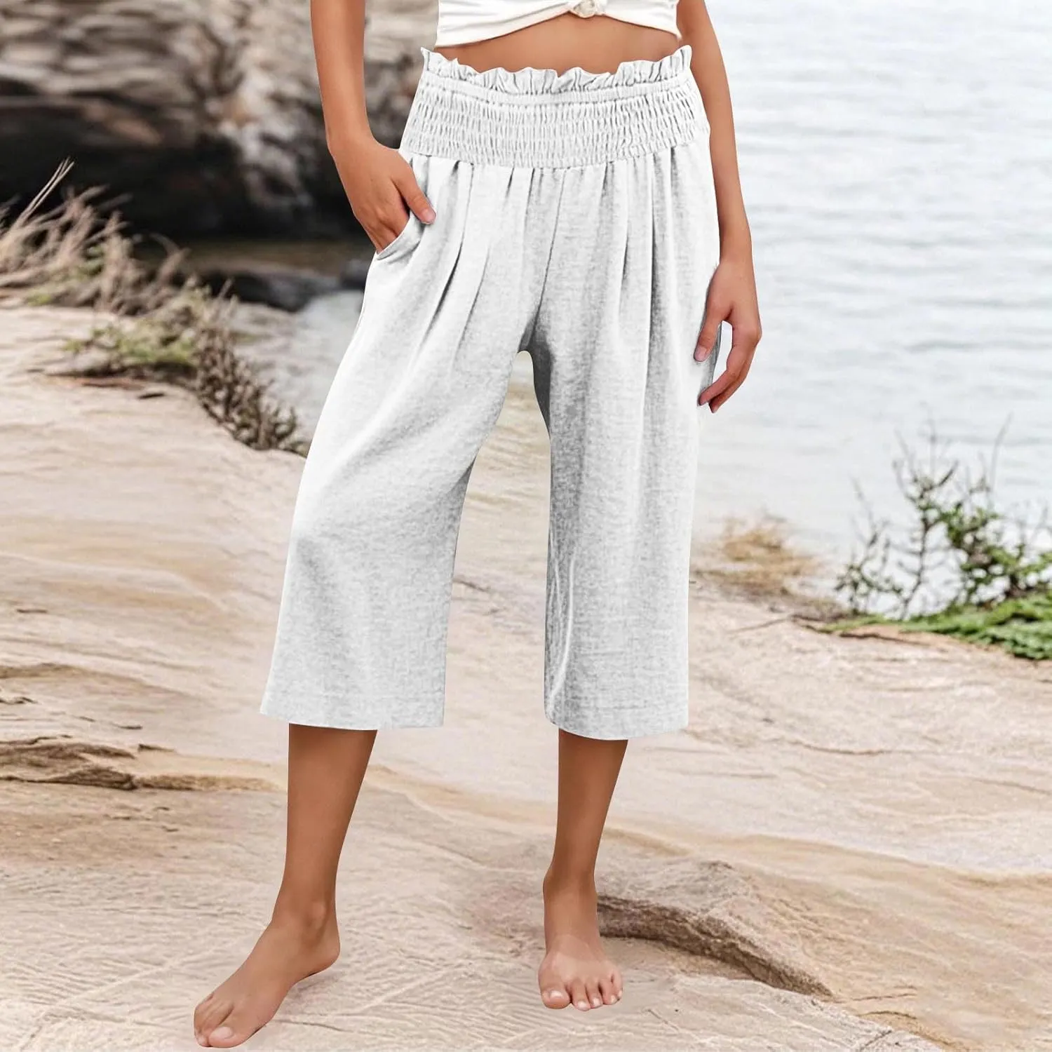 Wide Leg Palazzo Pants for Women 2025 High Waisted Linen Capri Pant Casual Summer Travel Cropped Trousers with Pocket