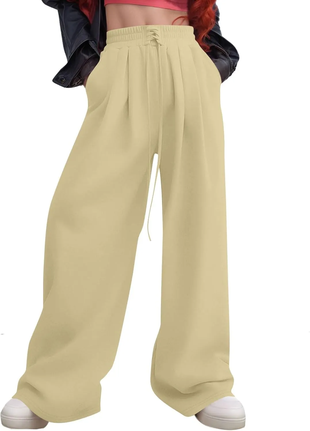 Wide Leg Sweatpants Women Baggy Fleece Lined Cute Y2k Drawstring High Waisted Sweat Pants Flowy Palazzo Lounge Pants
