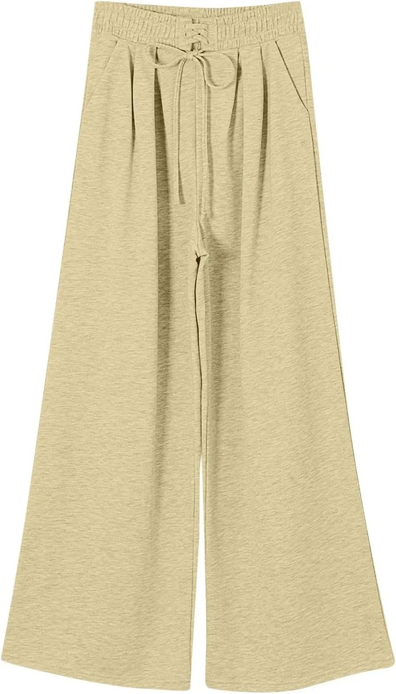 Wide Leg Sweatpants Women Baggy Fleece Lined Cute Y2k Drawstring High Waisted Sweat Pants Flowy Palazzo Lounge Pants