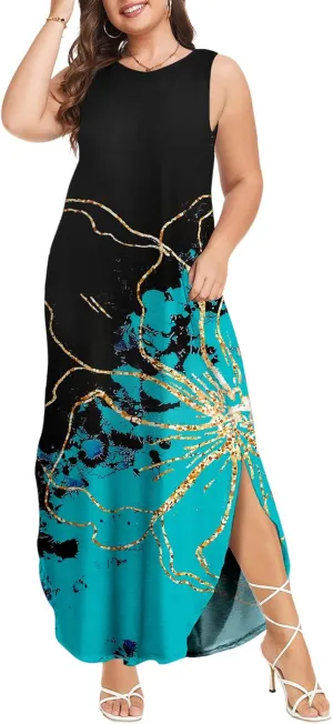 Wolddress Womens 2025 Plus Size Sleeveless Tank Dress Casual Loose Sundress Split Summer Beach Long Maxi Dresses with Pockets