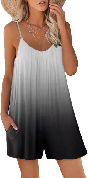 Women Casual Jumpsuits Summer Sleeveless Romper Shoulder Strap Loose Adjustable Stretchy Shorts Rompers with Pockets