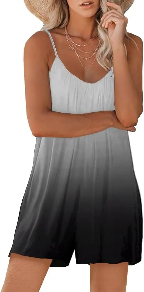 Women Casual Jumpsuits Summer Sleeveless Romper Shoulder Strap Loose Adjustable Stretchy Shorts Rompers with Pockets