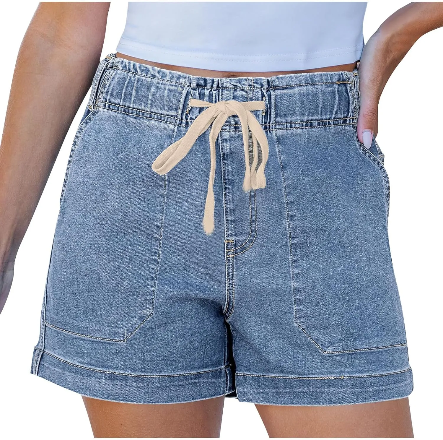 Women Casual Loose Denim Shorts Drawstring Pocket Mid-High Waisted Jean Shorts Cutoff Stretchy Summer Hot Short Pants