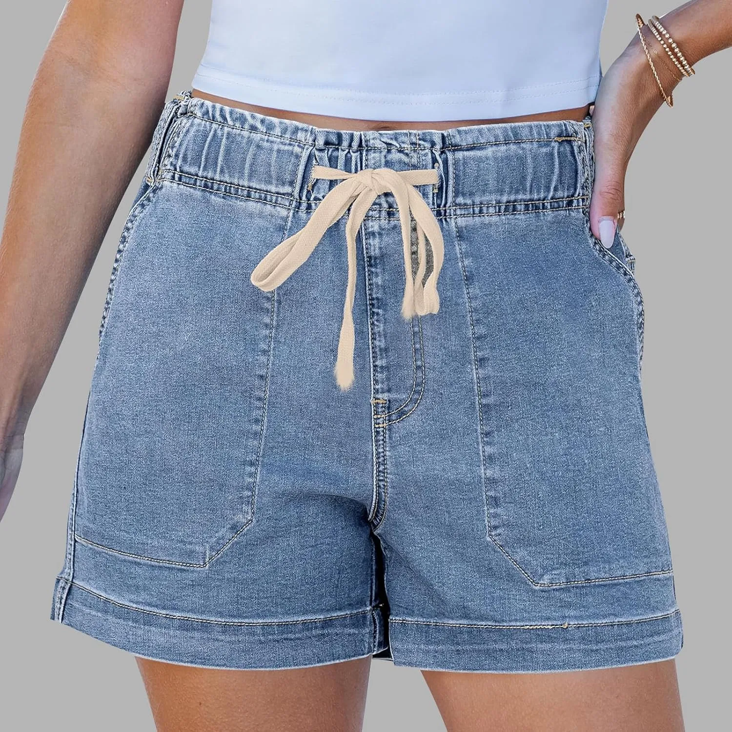 Women Casual Loose Denim Shorts Drawstring Pocket Mid-High Waisted Jean Shorts Cutoff Stretchy Summer Hot Short Pants