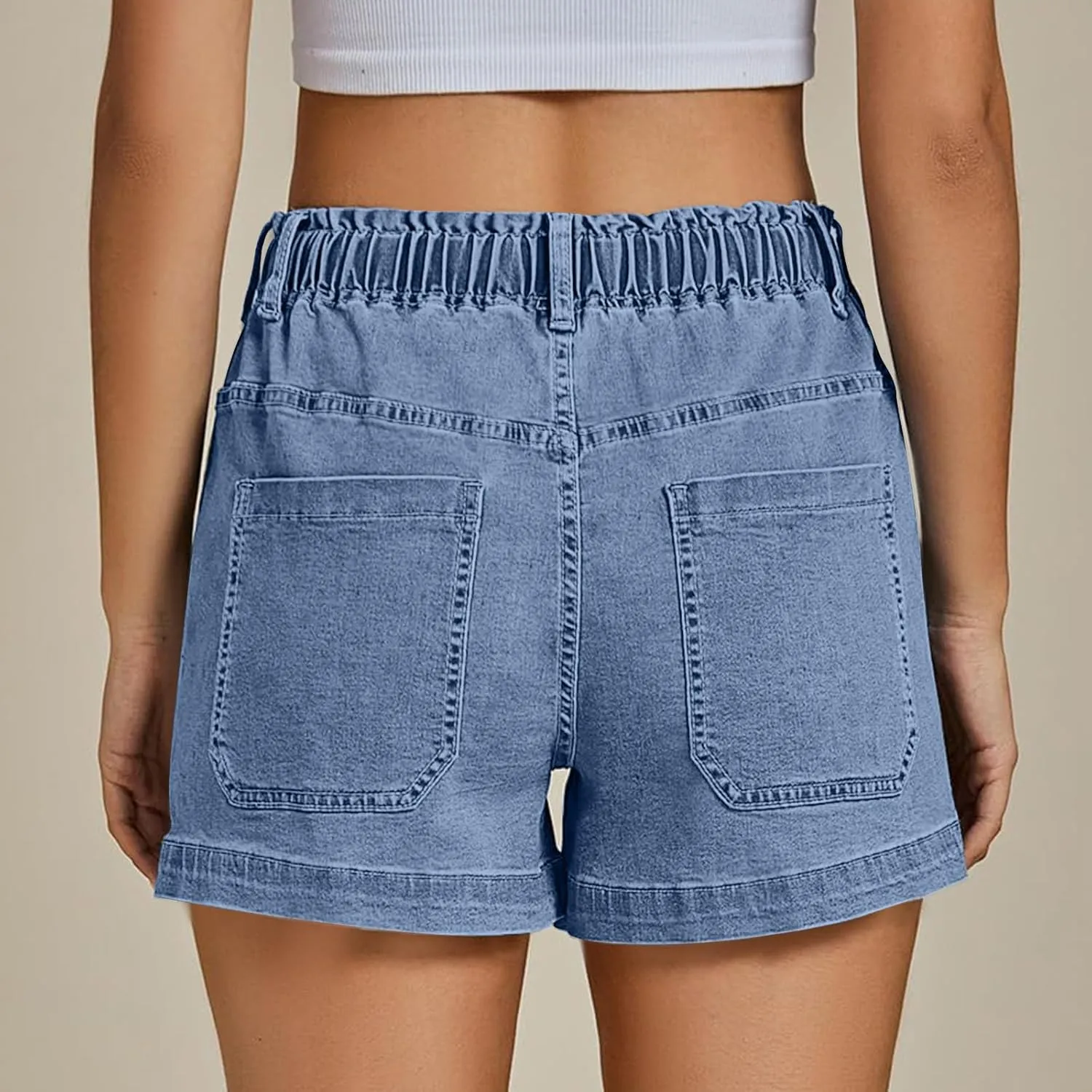 Women Casual Loose Denim Shorts Drawstring Pocket Mid-High Waisted Jean Shorts Cutoff Stretchy Summer Hot Short Pants