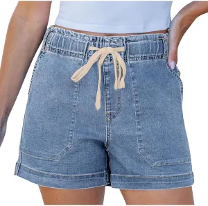 Women Casual Loose Denim Shorts Drawstring Pocket Mid-High Waisted Jean Shorts Cutoff Stretchy Summer Hot Short Pants
