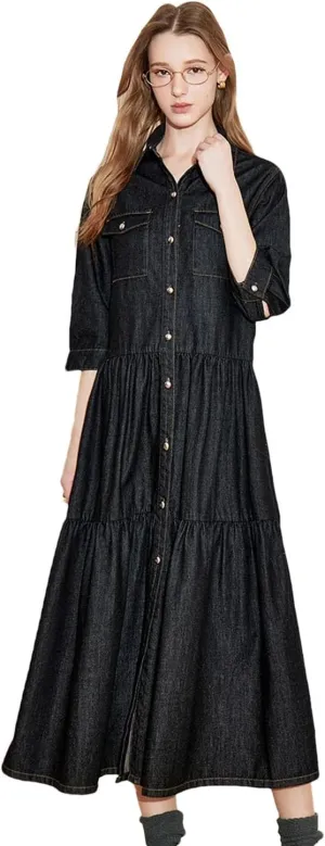 Women Denim Dress Retro Style Patchwork Three Quarter Sleeve Streetwear Dress