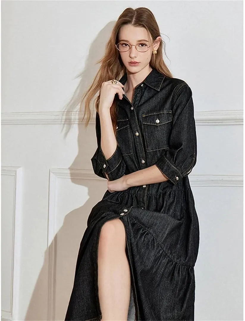 Women Denim Dress Retro Style Patchwork Three Quarter Sleeve Streetwear Dress