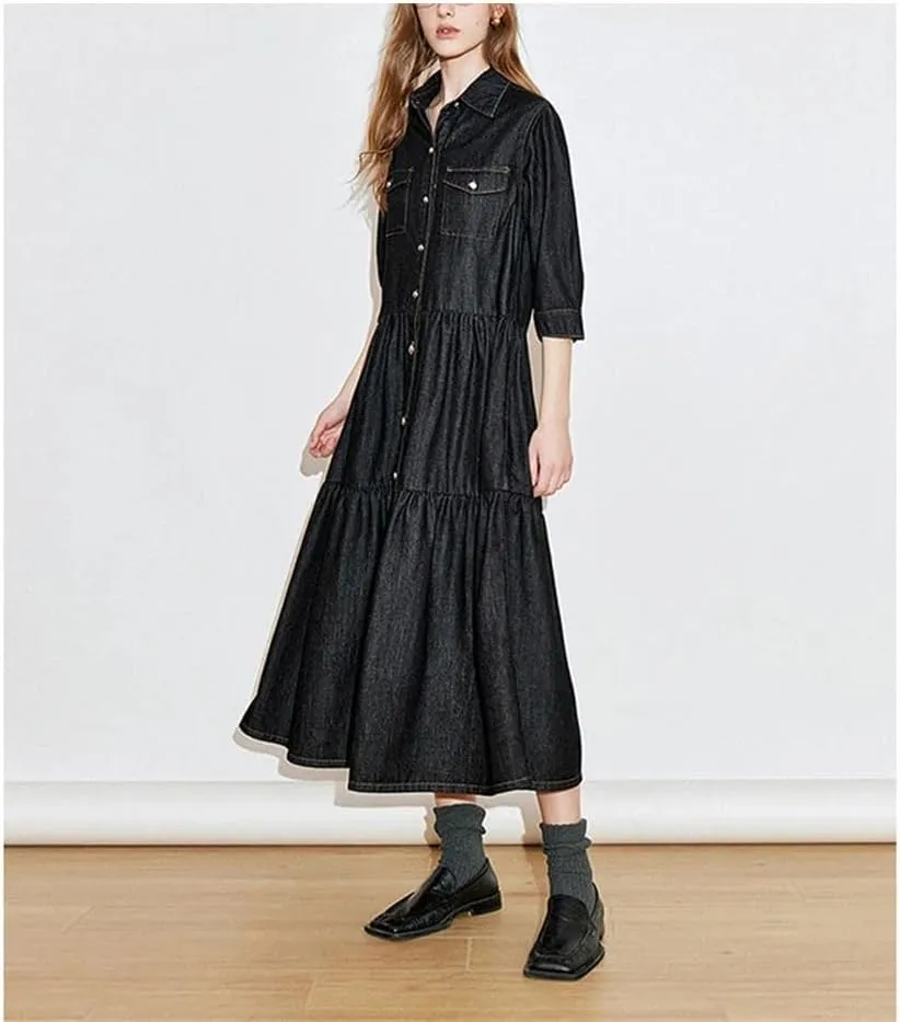 Women Denim Dress Retro Style Patchwork Three Quarter Sleeve Streetwear Dress