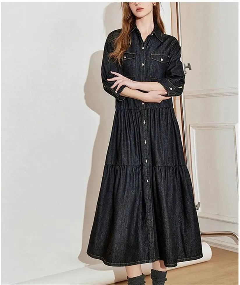 Women Denim Dress Retro Style Patchwork Three Quarter Sleeve Streetwear Dress