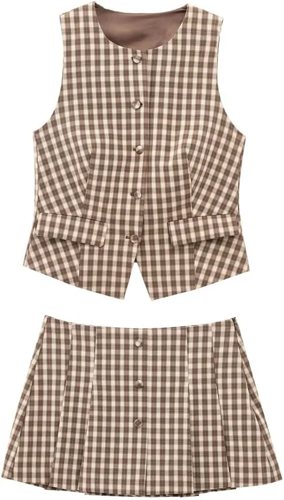 Women Elegant Knit Single Breasted Plaid For Outfit Short Tank Vest Tops Mid Waist Skirt Set