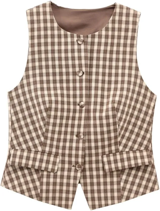 Women Elegant Knit Single Breasted Plaid For Outfit Short Tank Vest Tops Mid Waist Skirt Set